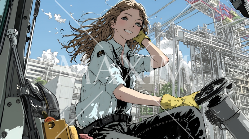 建設現場で重機を操作する若い女性