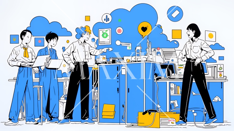 1ITビジネスとクラウド技術のコンセプト｜ノートPCで働くチームとデータネットワークのイメージ