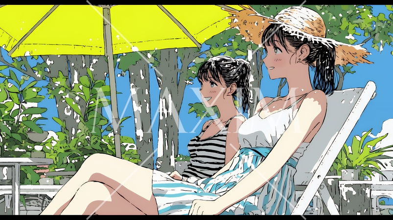 プールサイドのデッキチェアで談笑する女友達たち｜夏のリゾートで過ごすリラックスしたライフスタイルイメ