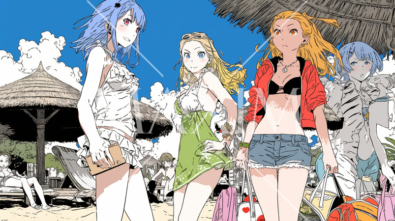 仲の良い友達同士で南国の海岸にビキニ姿でいる若い女性たち