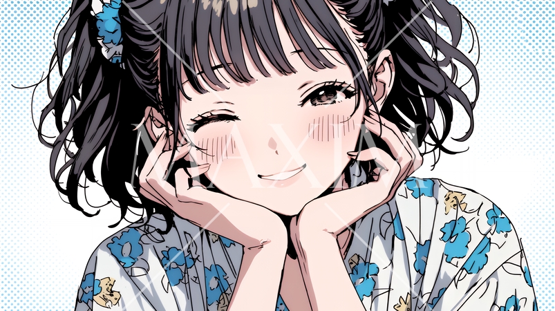 ウィンクしている女性：頬杖