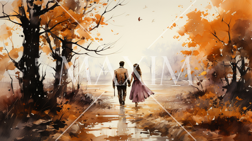 秋の紅葉の雑木林を散歩する恋人達：水彩画