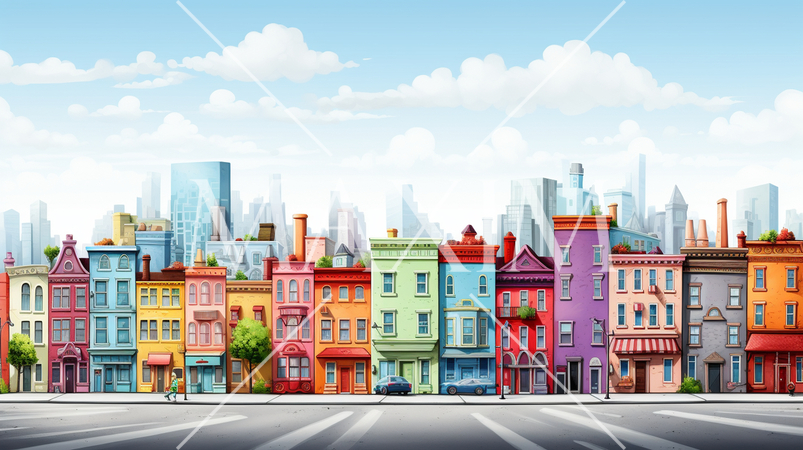 オフィスビル街のカラフルなポップアートなイメージ