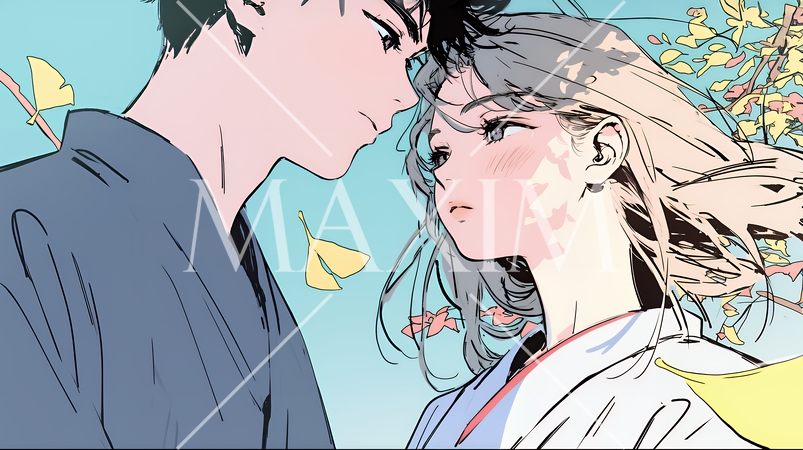 秋の紅葉の下でキスをしている若い恋人たち