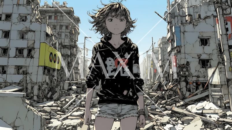 震災や空爆などで破壊された街で孤独に立ちすくむ若い女性