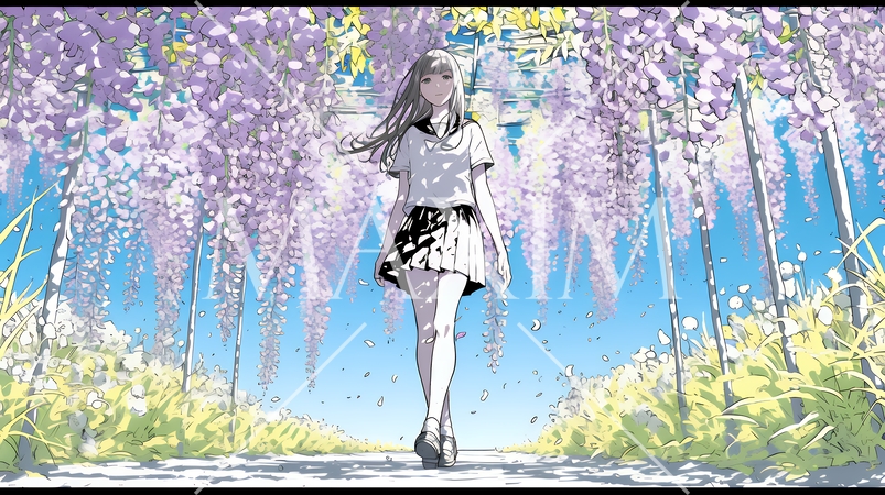 満開の藤の花の下を歩いている女子高生