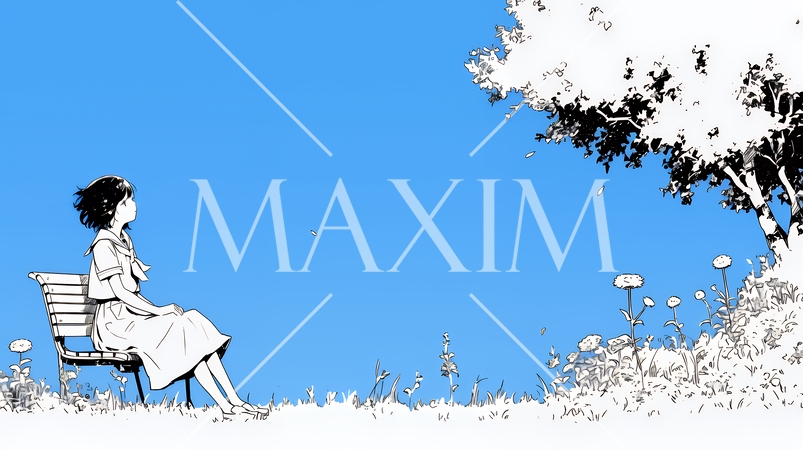 公園のベンチでひとり静かにくつろぐ若い女性（シンプルな色使い）