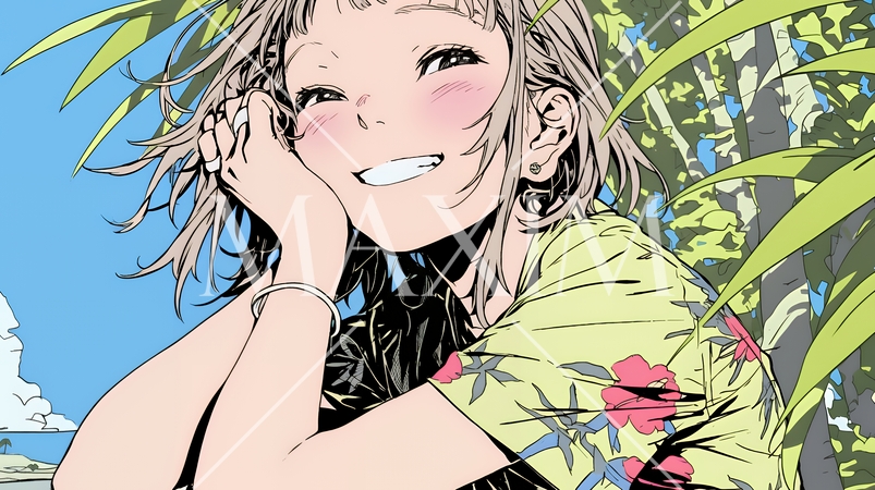 沖縄のかりゆしファッションを着て笑顔いっぱいの若い女性