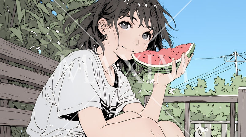 スイカを縁側で食べている若い女性