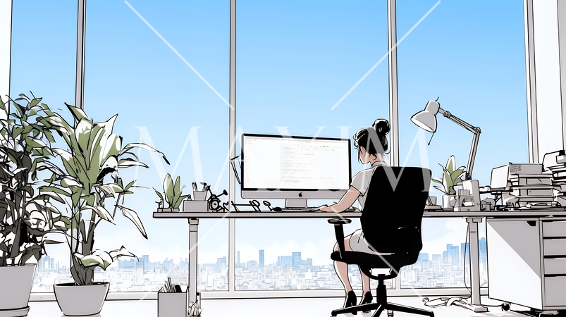 職場のデスクでパソコンに向かって仕事をしているビジネスウーマン（シンプルな色使い）