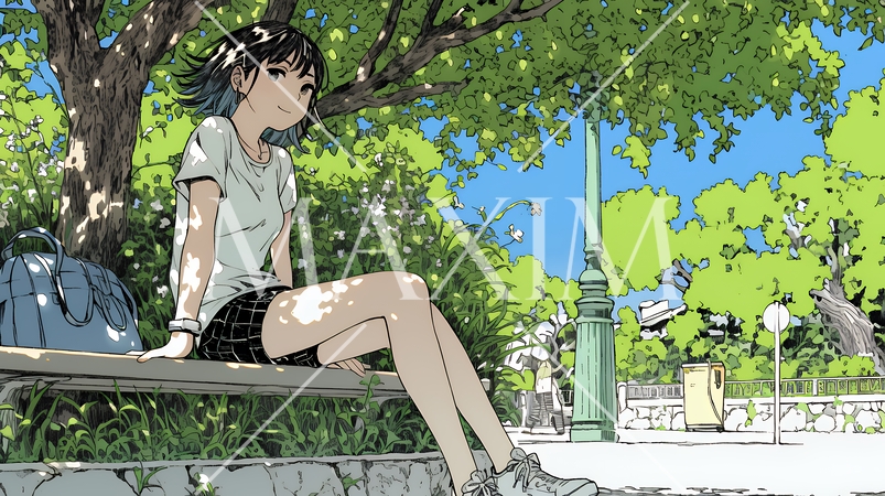 公園のベンチでひとり静かにくつろぐ若い女性