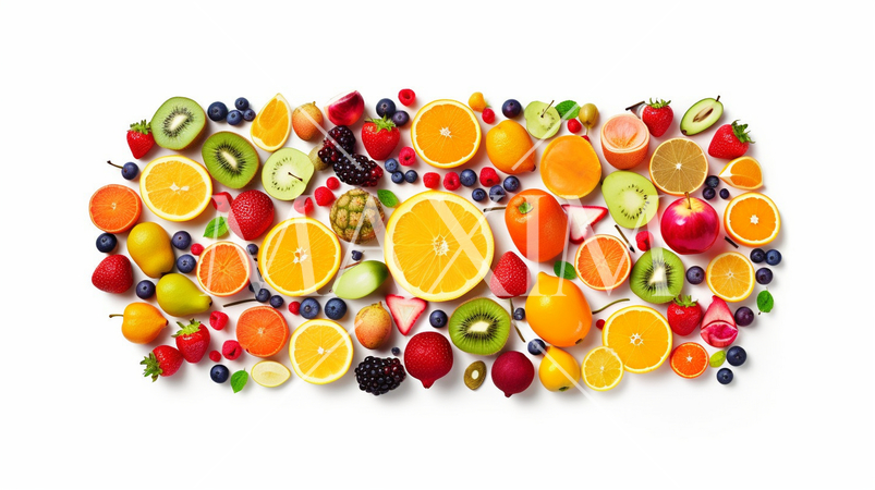 フルーツモザイクの背景: 色鮮やかなフルーツで作ったモザイク状配置が彩り豊か。