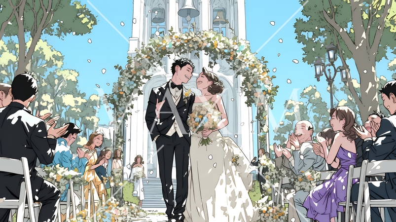 晴天の日のウェディングベルの鳴り響く中の結婚式