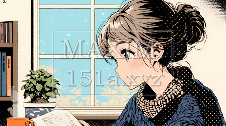 秋の読書を楽しむ若い女性｜静かで落ち着いた秋の日のイラストポートレート（イラストID:2866156-18119）