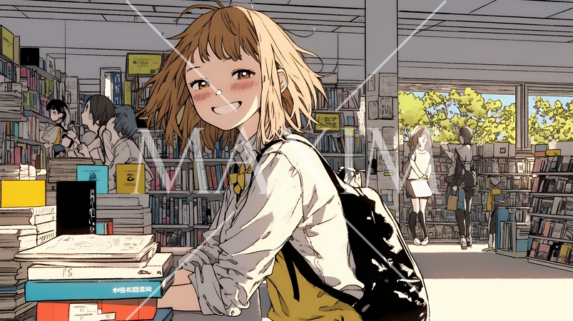 書店で本を選ぶ女子高生