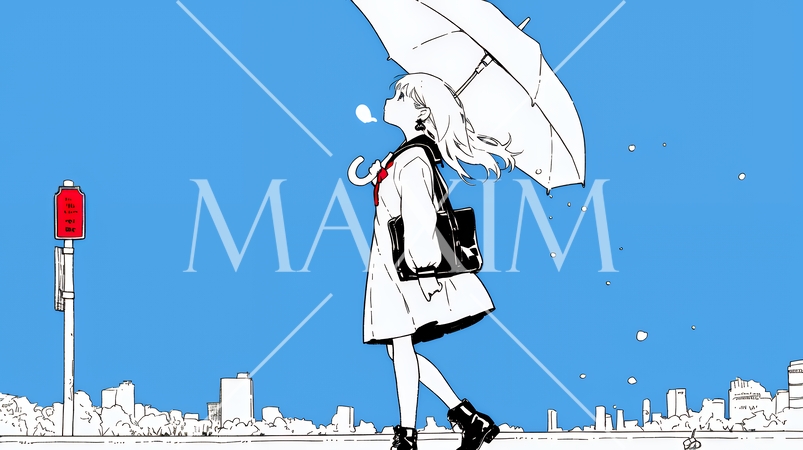 雨の日に傘をさして歩く若い女性（シンプルな色使い）