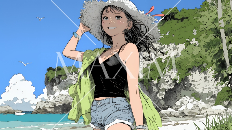 夏の南国の海辺を一人で旅行中の若い女性