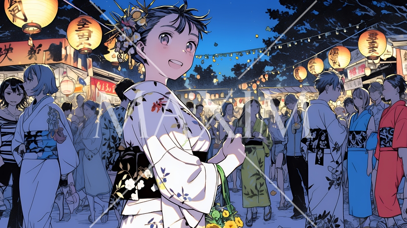 縁日屋台が立ち並び、賑わいを見せる祭りの夜