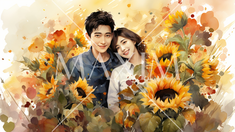 ひまわり畑の中で見つめ合う若い男女の恋人達：水彩画