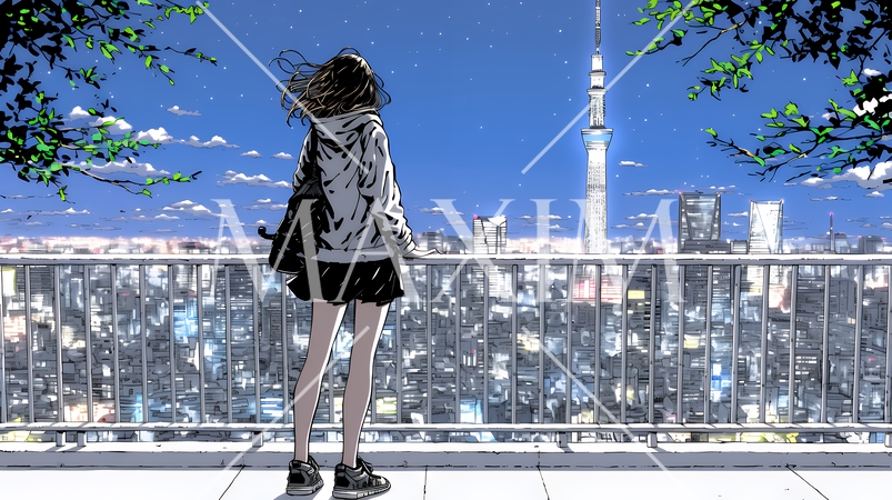 都市のランドスケープを眺めている若い女性