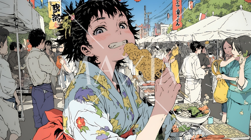 縁日屋台が立ち並び、賑わいを見せる祭りの夜