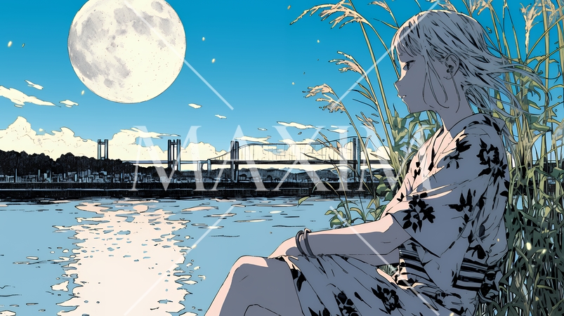 月見をしている若い女性