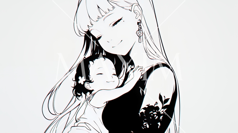 赤ん坊と母親（シンプルな色使い）