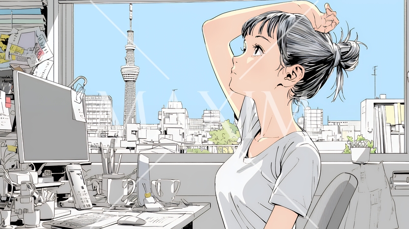 仕事の合間にストレッチ（伸び）をする女性