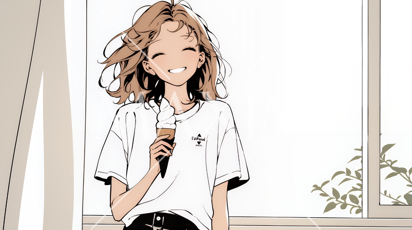 夏空の下でソフトクリーム（コーンに乗ったアイスクリーム）をたべる若い女性（シンプルな色使い）