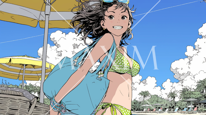 南国の海岸にビキニ姿でいる若い女性