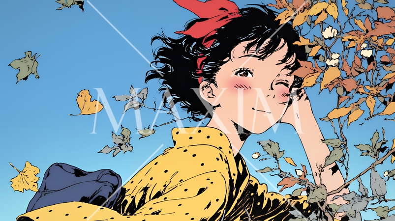 紅葉に包まれた中、着物を纏った若い女性が佇んでいる