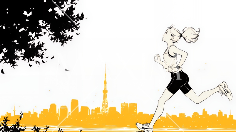 夕方の街並みを背景にジョギングをする若い女性（シンプルな色使い）