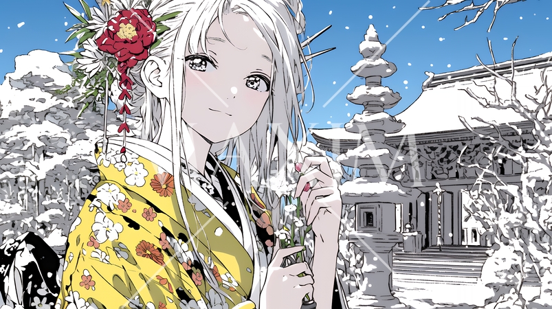 和服を着て初詣をしている若い女性