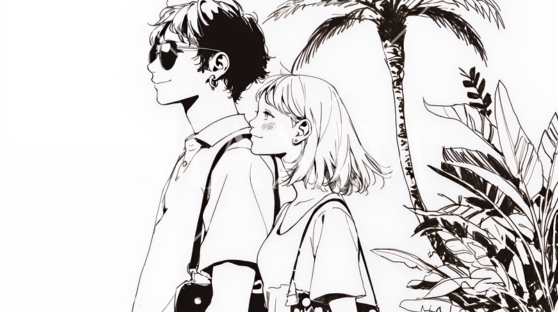 希望に満ちたライフスタイルを過ごす若いカップル：未来を見つめている（シンプルな色使い）