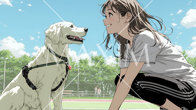 愛犬を調教している若い女性