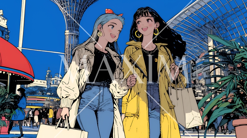 女友達と一緒にショッピングモールを歩き回る若い女性