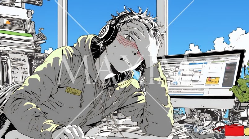 技術的な問題に直面し、肩をすくめて困惑している技術者