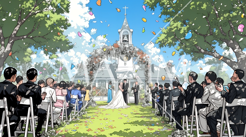 晴天の日のウェディングベルの鳴り響く中の結婚式