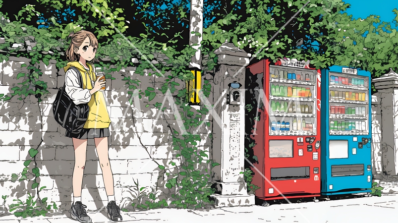 自動販売機で飲み物を購入する若い女性｜日常・ライフスタイル・屋外シーン