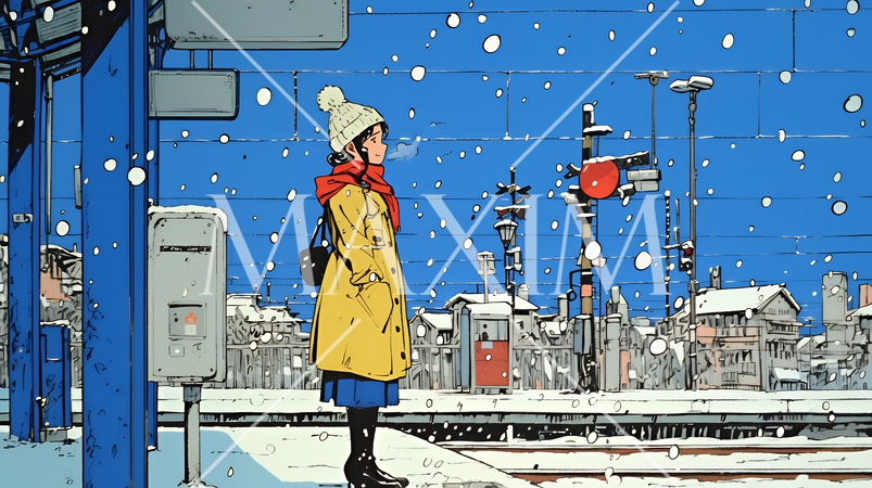 雪の降るホームで電車待ちをしている若い女性