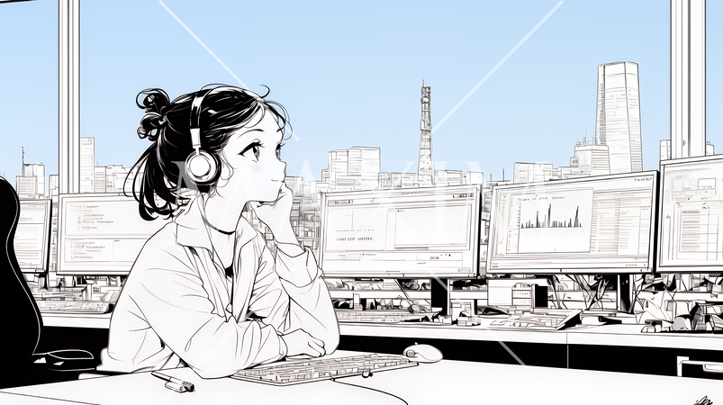 近代的なコールセンターのオフィスで働く女性オペレーター（シンプルな色使い）