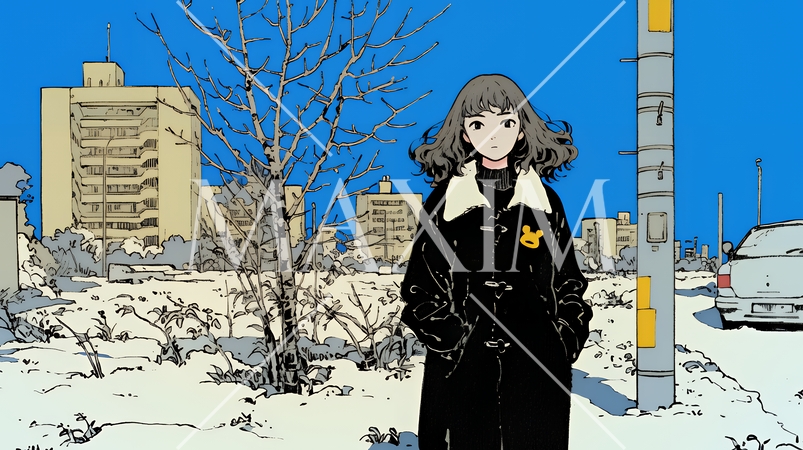 冬枯れの街を歩く若い女性