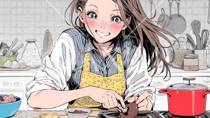 バレンタインプレゼント用のチョコレートを一生懸命作っている若い女性