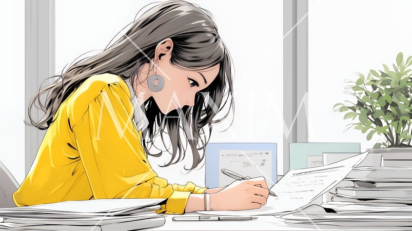 オフィスのデスクで、入念に書類をチェックする女性