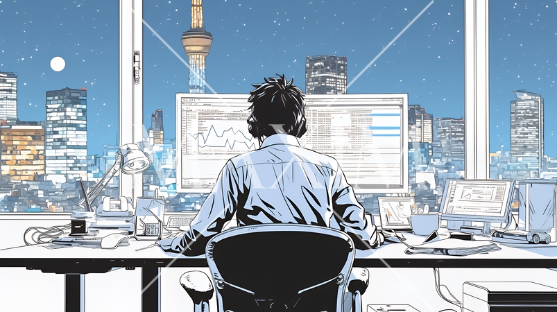 夜遅くまで残業するビジネスマン｜疲れた表情でパソコン作業をする会社員のビジネスイメージ