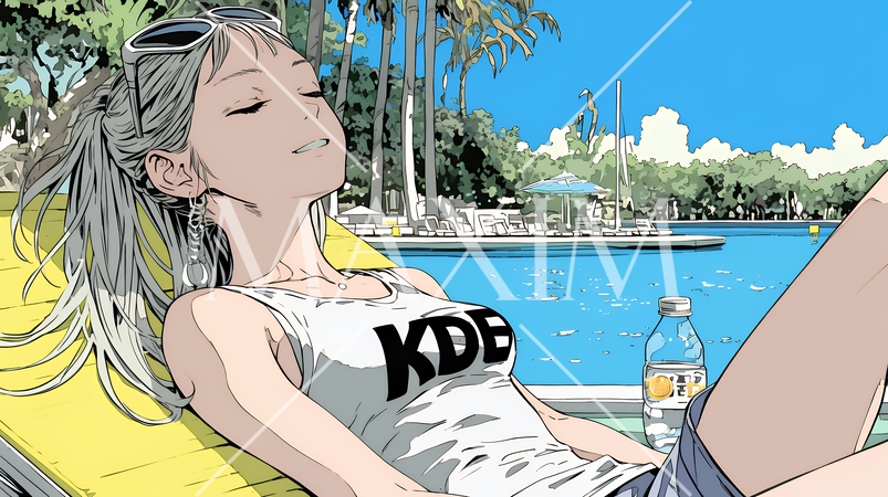 プールサイドのデッキチェアでくつろぐ若い女性｜夏のリゾートとリラックスライフスタイルイメージ