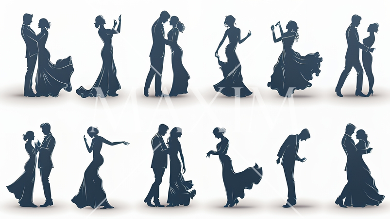 社交ダンスを楽しむ人たちのシルエット｜優雅でエレガントなボールルームダンスイメージ