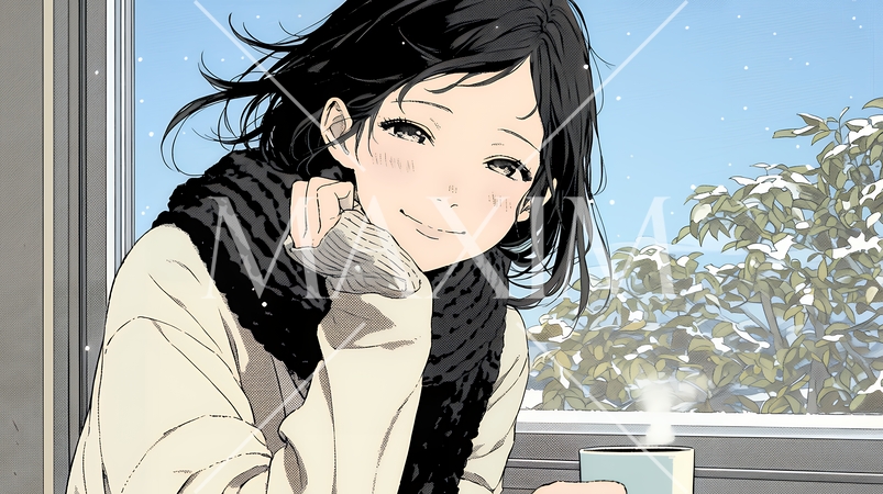 寒い冬、温かい飲み物を手にして、ふっと幸せそうに微笑む若い女性