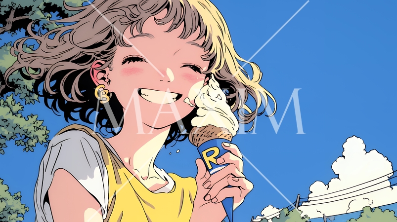 夏空の下でソフトクリーム（コーンに乗ったアイスクリーム）をたべる若い女性