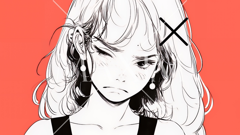 Noという表現を思いっきり顔に表しているる女性（シンプルな色使い）